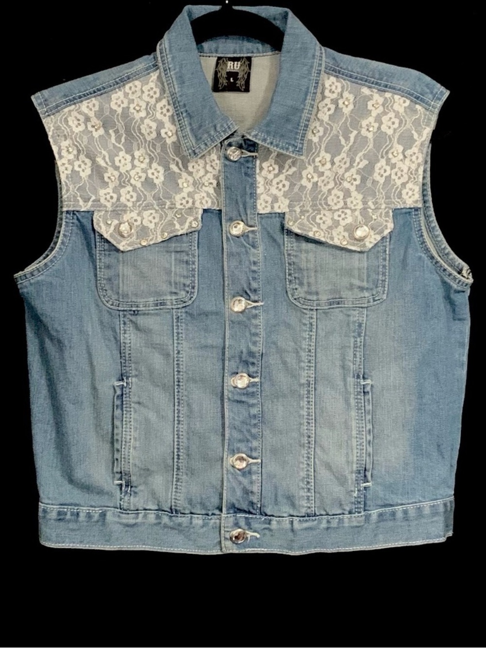 RU Apparel Lace & Rhinestone Embellished Denim Vest